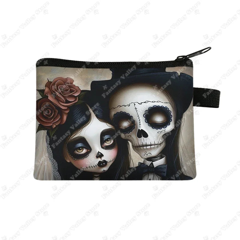 Skull Gothic Girl Print Coin Purses Goth Skull Wedding Rose Key Credit Card Holder Money Bag Mini Pouch Wallet Small Clutch Bags