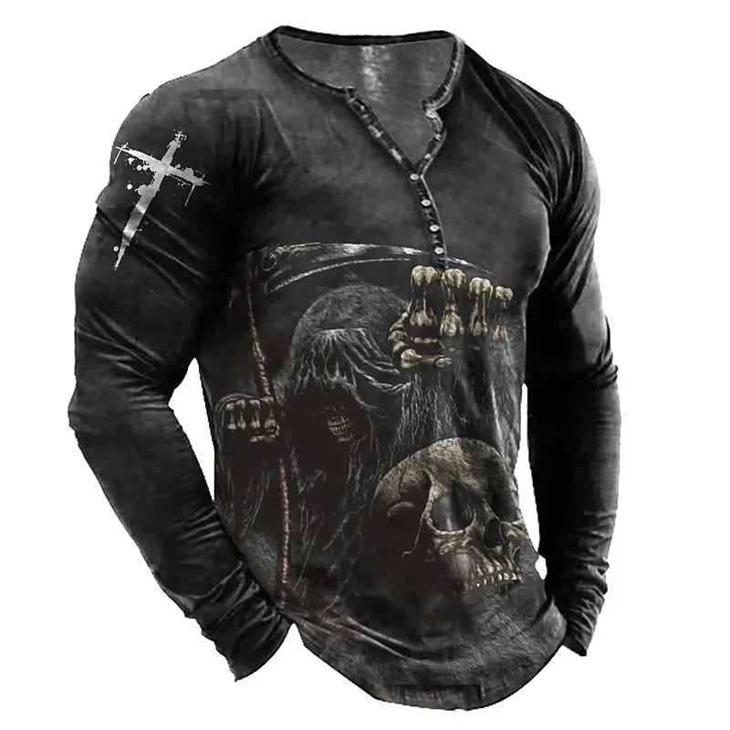 Skull Vintage T-Shirt For Men Graphic T Shirts Cotton Tees 3D Print Long Sleeve V-Neck Tee Oversized Men's Clothing Tops Summer