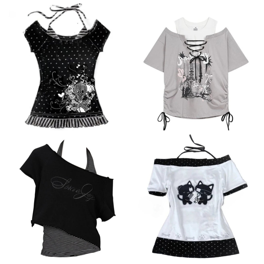 Skulls Punk T Shirt Women Slim Gothic Street Vintage Black Y2k Crop Top Femme Subculture T-Shirts Sexy Y2k Clothing 2000s Tees