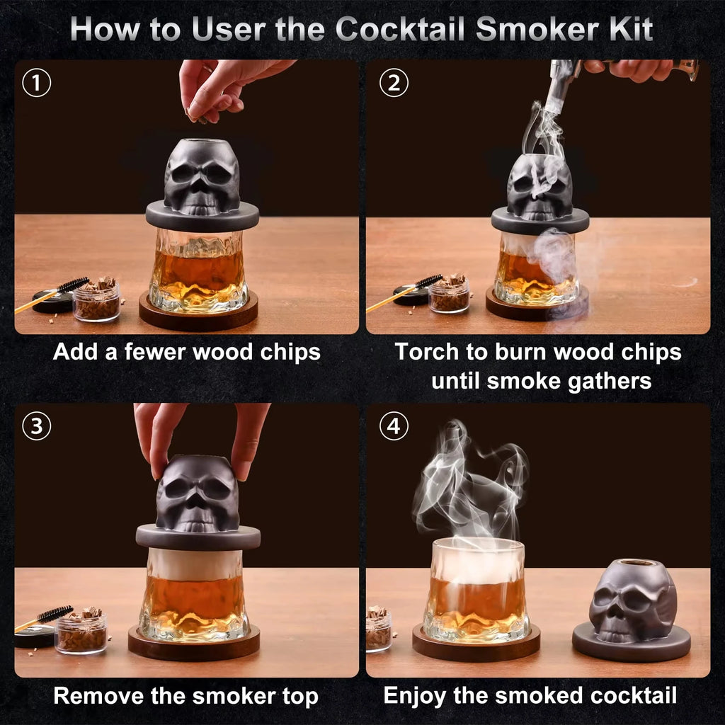 Skull Cocktail Smoker Kit with Wood Chips Ceramic Infuser for Whiskey Bourbon Cocktails & Drinks Unique Home Bar Tool for Men