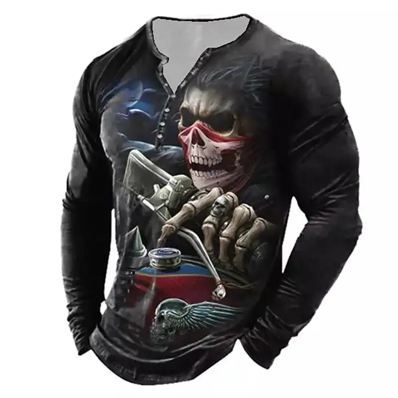 Skull Vintage T-Shirt For Men Graphic T Shirts Cotton Tees 3D Print Long Sleeve V-Neck Tee Oversized Men's Clothing Tops Summer