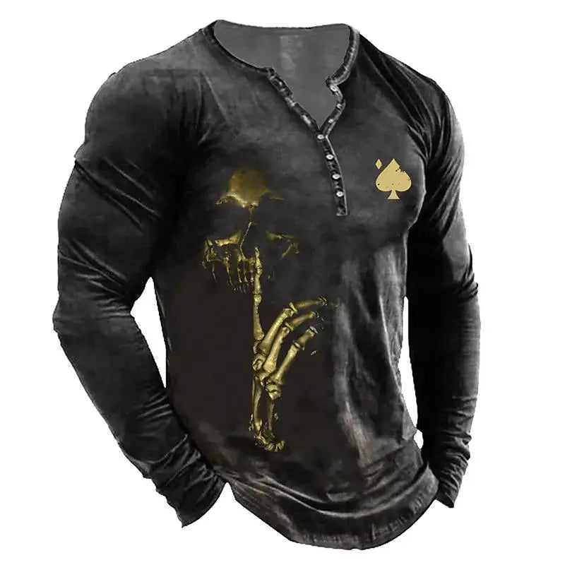 Skull Vintage T-Shirt For Men Graphic T Shirts Cotton Tees 3D Print Long Sleeve V-Neck Tee Oversized Men's Clothing Tops Summer