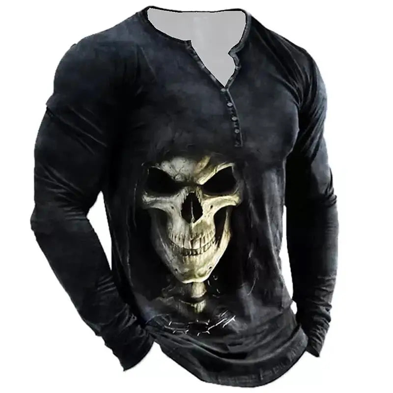 Skull Vintage T-Shirt For Men Graphic T Shirts Cotton Tees 3D Print Long Sleeve V-Neck Tee Oversized Men's Clothing Tops Summer