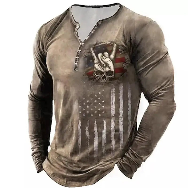 Skull Vintage T-Shirt For Men Graphic T Shirts Cotton Tees 3D Print Long Sleeve V-Neck Tee Oversized Men's Clothing Tops Summer