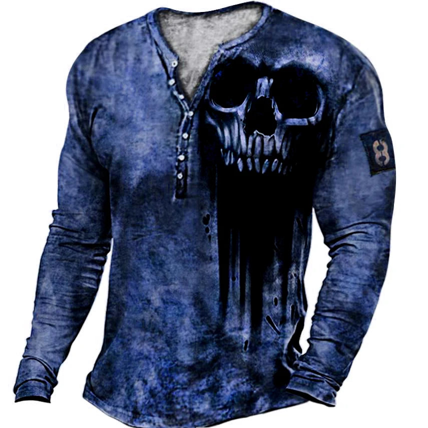 Skull Vintage T-Shirt For Men Graphic T Shirts Cotton Tees 3D Print Long Sleeve V-Neck Tee Oversized Men's Clothing Tops Summer