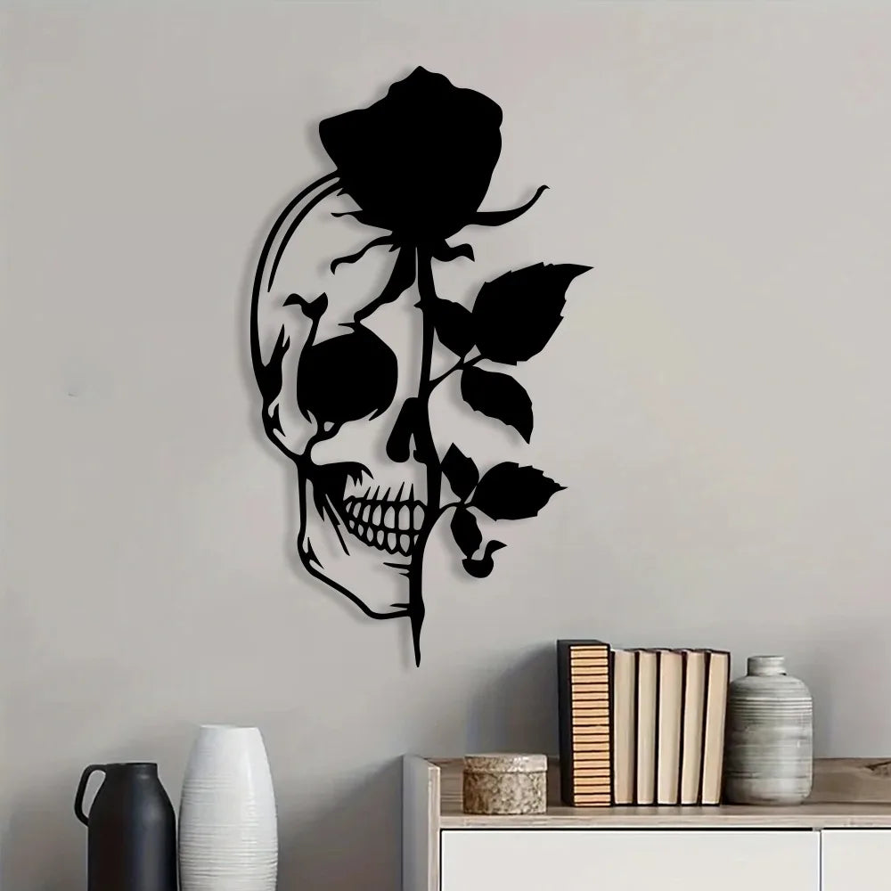 Skull with Rose Metal Wall Art, Flower Skull Signs, Sugar Skull, Skeleton Decor, Halloween Gothic Decor