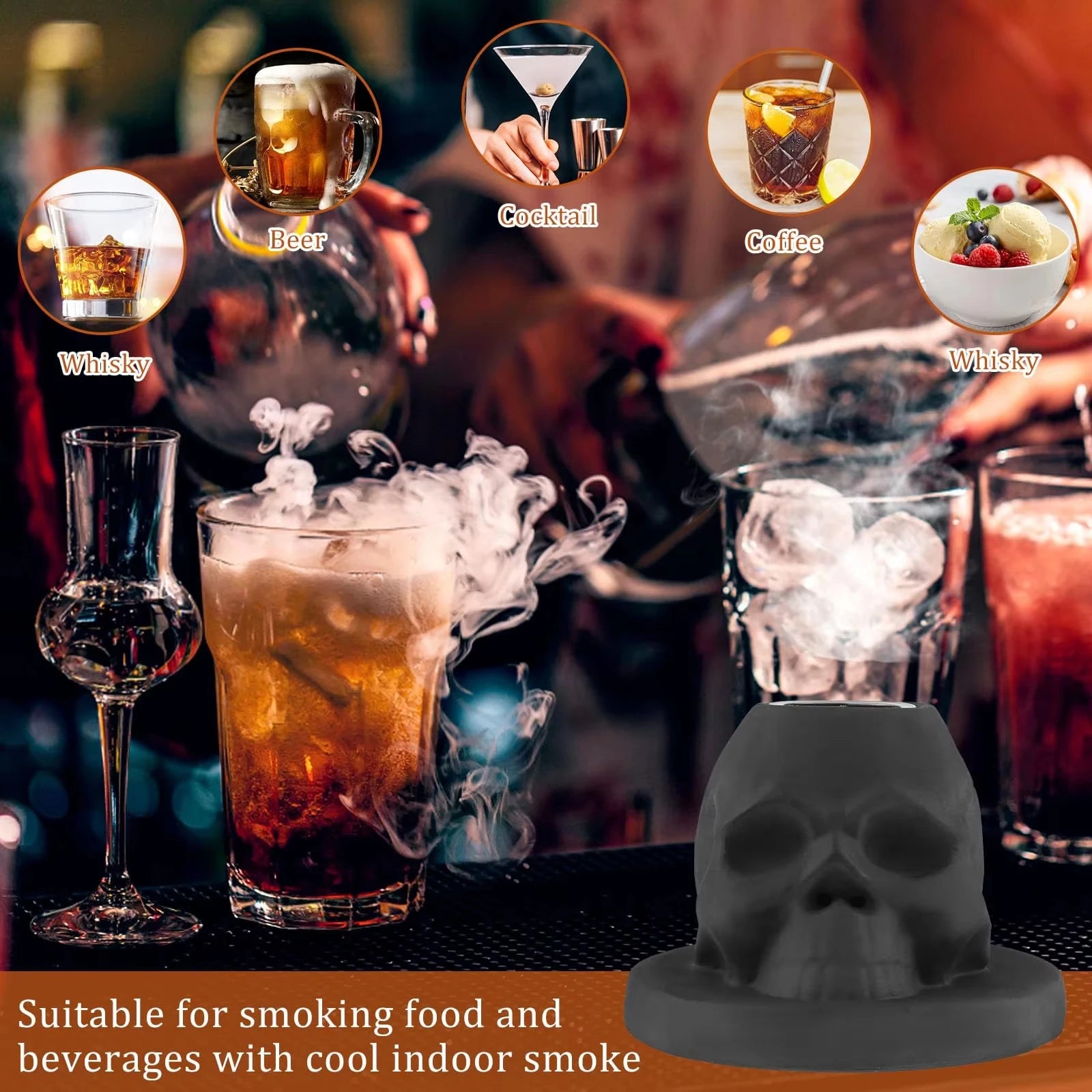 Skull Cocktail Smoker Kit with Wood Chips Ceramic Infuser for Whiskey Bourbon Cocktails & Drinks Unique Home Bar Tool for Men