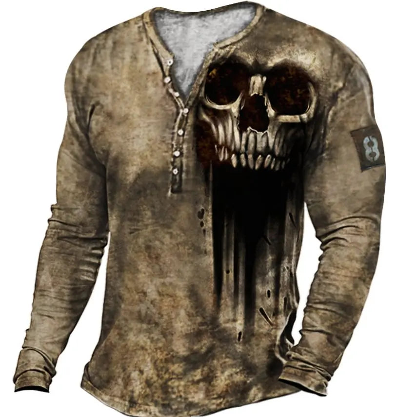 Skull Vintage T-Shirt For Men Graphic T Shirts Cotton Tees 3D Print Long Sleeve V-Neck Tee Oversized Men's Clothing Tops Summer