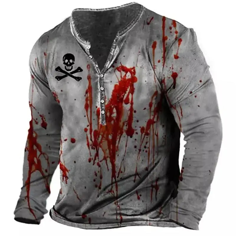 Skull Vintage T-Shirt For Men Graphic T Shirts Cotton Tees 3D Print Long Sleeve V-Neck Tee Oversized Men's Clothing Tops Summer