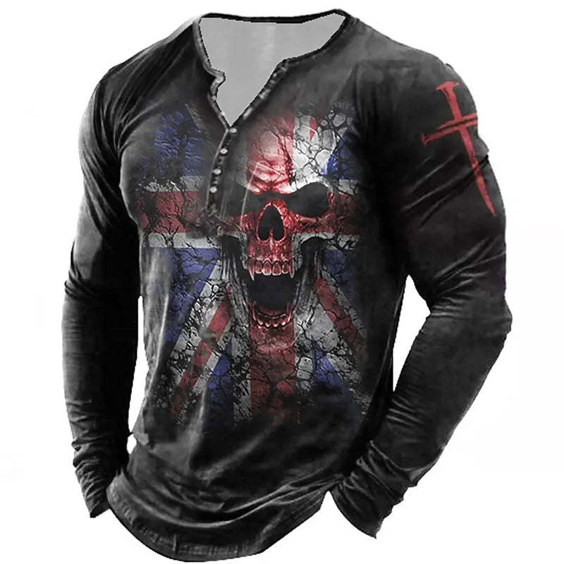 Skull Vintage T-Shirt For Men Graphic T Shirts Cotton Tees 3D Print Long Sleeve V-Neck Tee Oversized Men's Clothing Tops Summer
