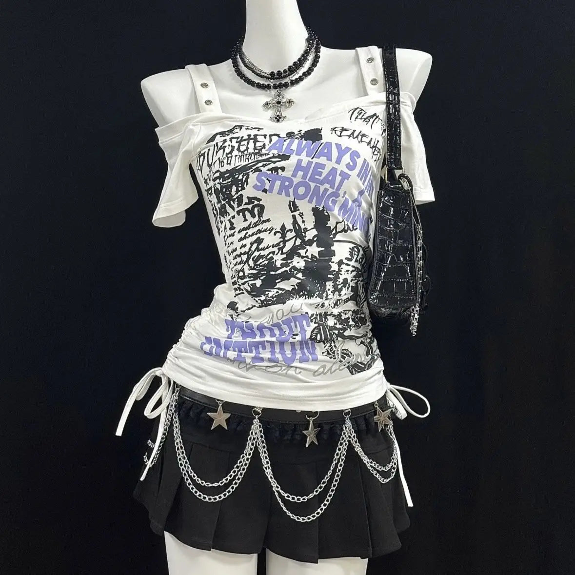 Skulls Punk T Shirt Women Slim Gothic Street Vintage Black Y2k Crop Top Femme Subculture T-Shirts Sexy Y2k Clothing 2000s Tees