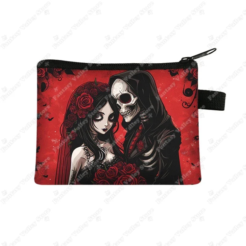 Skull Gothic Girl Print Coin Purses Goth Skull Wedding Rose Key Credit Card Holder Money Bag Mini Pouch Wallet Small Clutch Bags