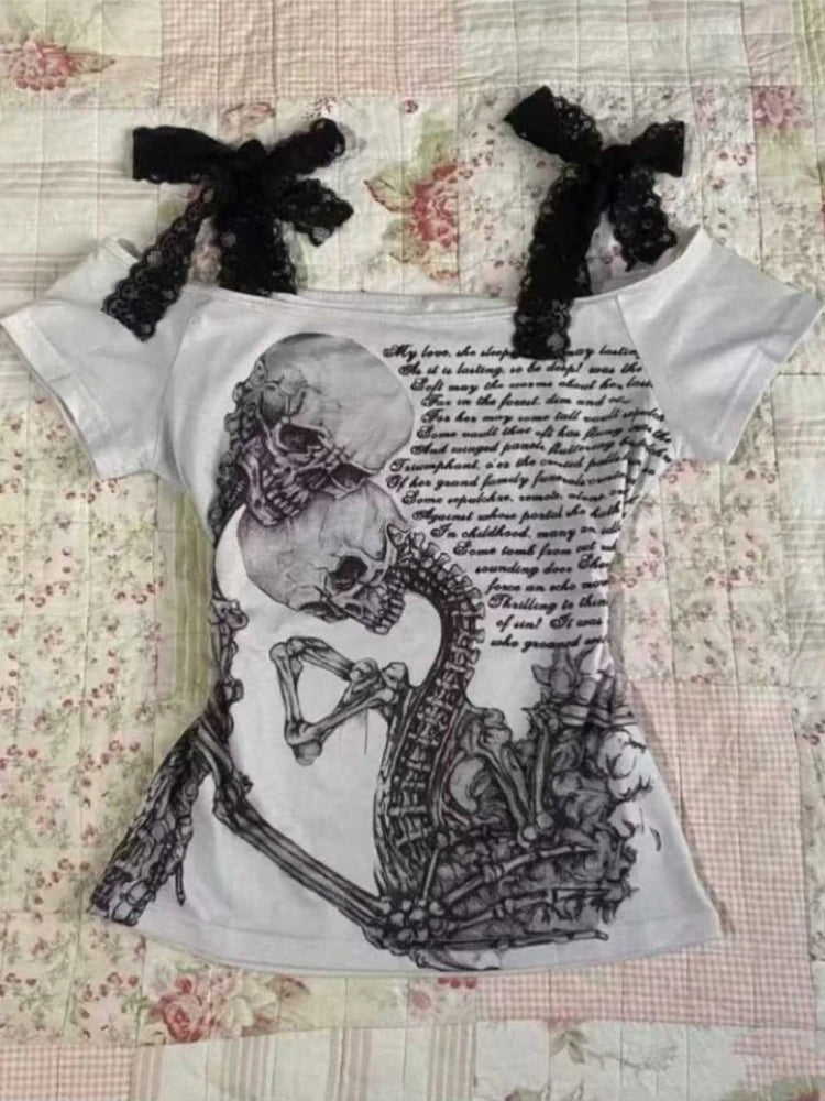Skulls Punk T Shirt Women Slim Gothic Street Vintage Black Y2k Crop Top Femme Subculture T-Shirts Sexy Y2k Clothing 2000s Tees