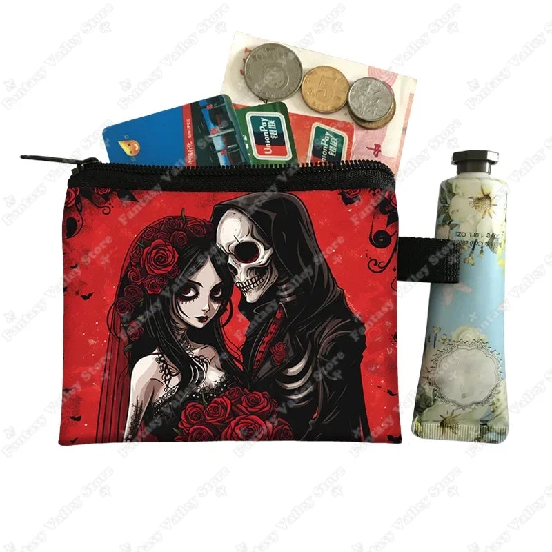 Skull Gothic Girl Print Coin Purses Goth Skull Wedding Rose Key Credit Card Holder Money Bag Mini Pouch Wallet Small Clutch Bags