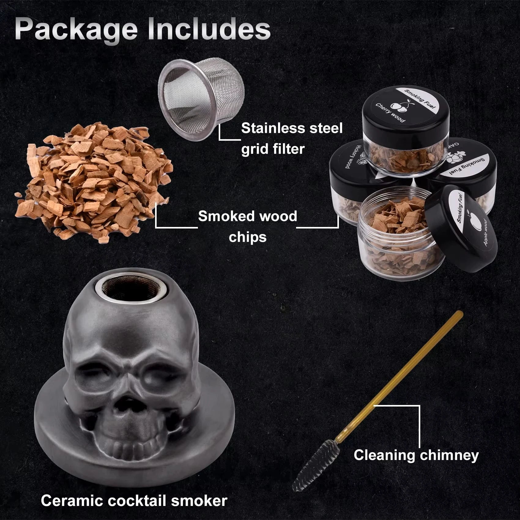 Skull Cocktail Smoker Kit with Wood Chips Ceramic Infuser for Whiskey Bourbon Cocktails & Drinks Unique Home Bar Tool for Men