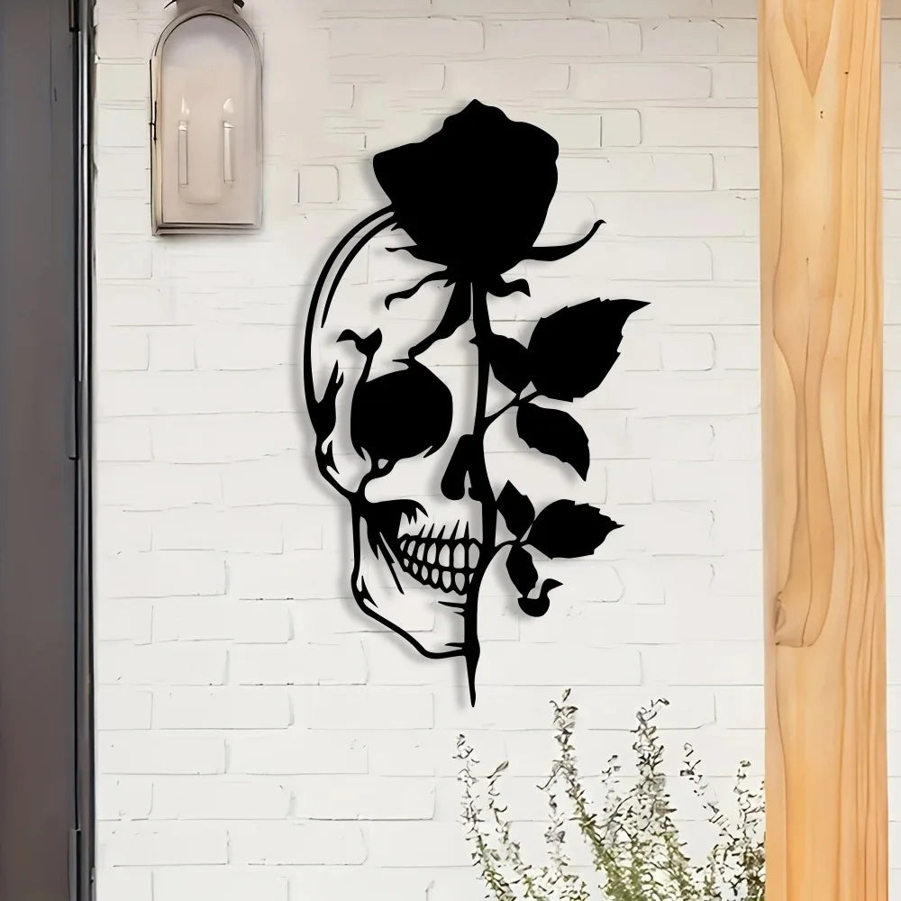 Skull with Rose Metal Wall Art, Flower Skull Signs, Sugar Skull, Skeleton Decor, Halloween Gothic Decor