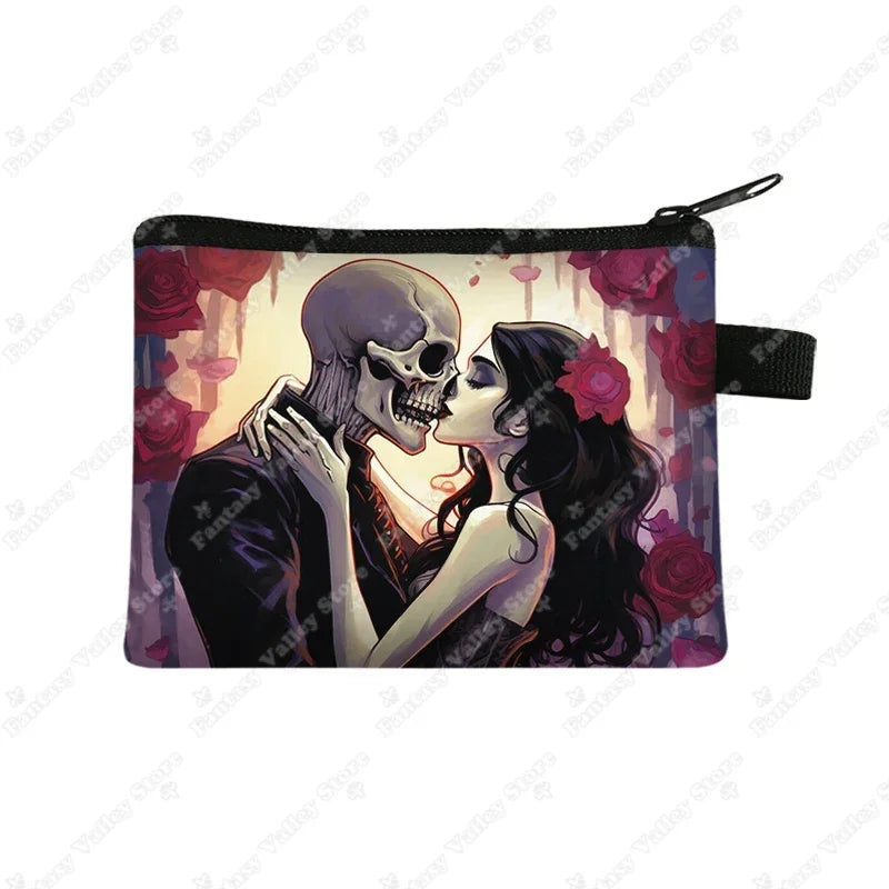Skull Gothic Girl Print Coin Purses Goth Skull Wedding Rose Key Credit Card Holder Money Bag Mini Pouch Wallet Small Clutch Bags
