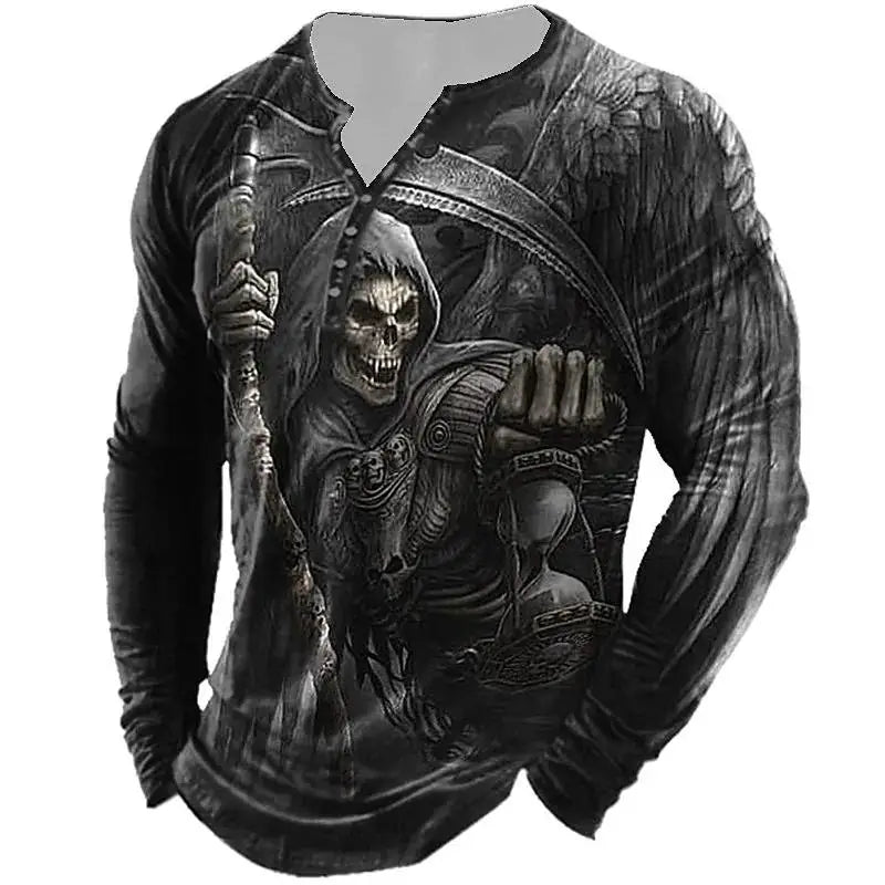 Skull Vintage T-Shirt For Men Graphic T Shirts Cotton Tees 3D Print Long Sleeve V-Neck Tee Oversized Men's Clothing Tops Summer