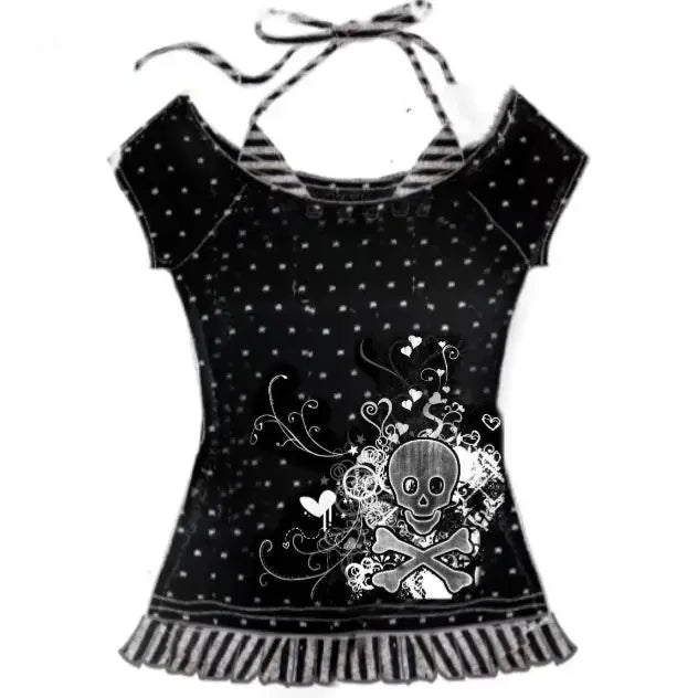 Skulls Punk T Shirt Women Slim Gothic Street Vintage Black Y2k Crop Top Femme Subculture T-Shirts Sexy Y2k Clothing 2000s Tees