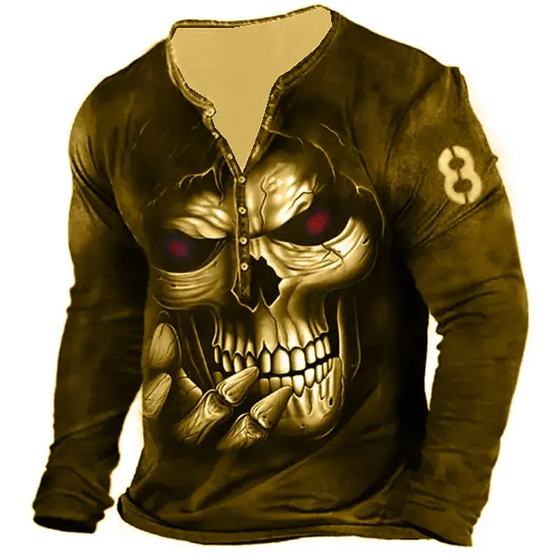 Skull Vintage T-Shirt For Men Graphic T Shirts Cotton Tees 3D Print Long Sleeve V-Neck Tee Oversized Men's Clothing Tops Summer
