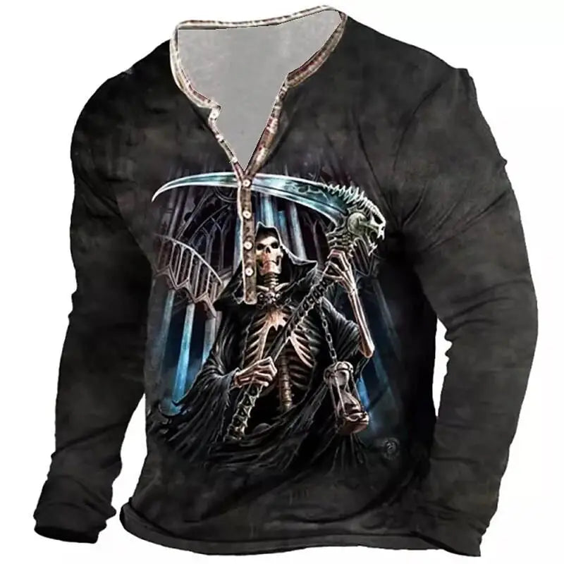 Skull Vintage T-Shirt For Men Graphic T Shirts Cotton Tees 3D Print Long Sleeve V-Neck Tee Oversized Men's Clothing Tops Summer