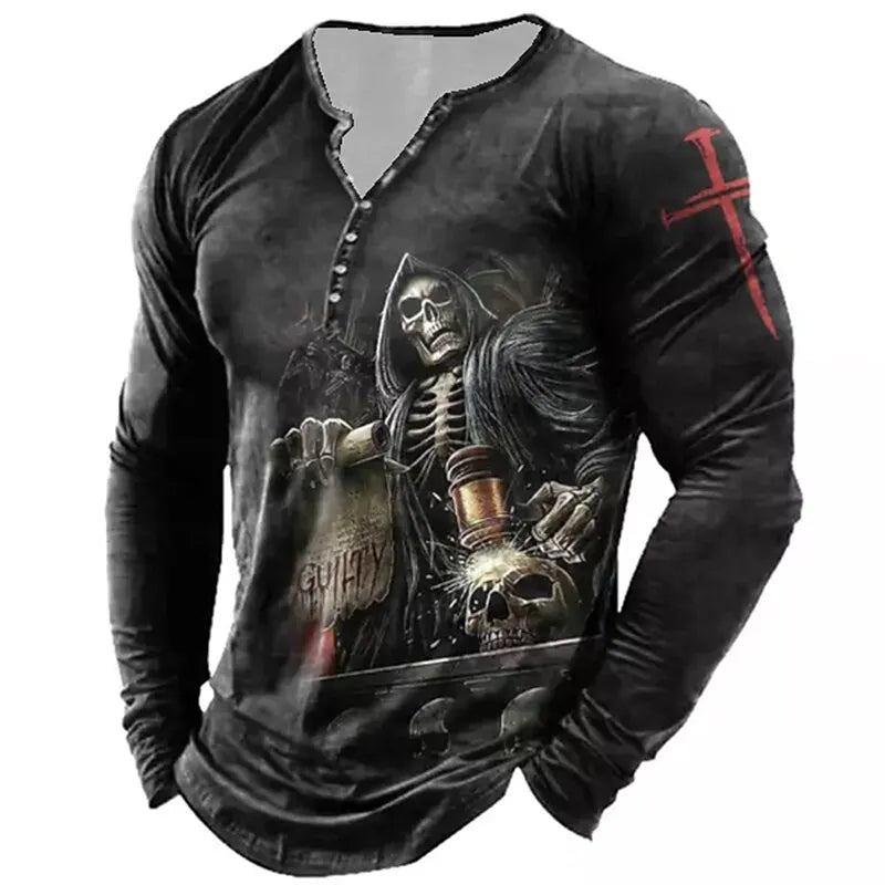 Skull Vintage T-Shirt For Men Graphic T Shirts Cotton Tees 3D Print Long Sleeve V-Neck Tee Oversized Men's Clothing Tops Summer