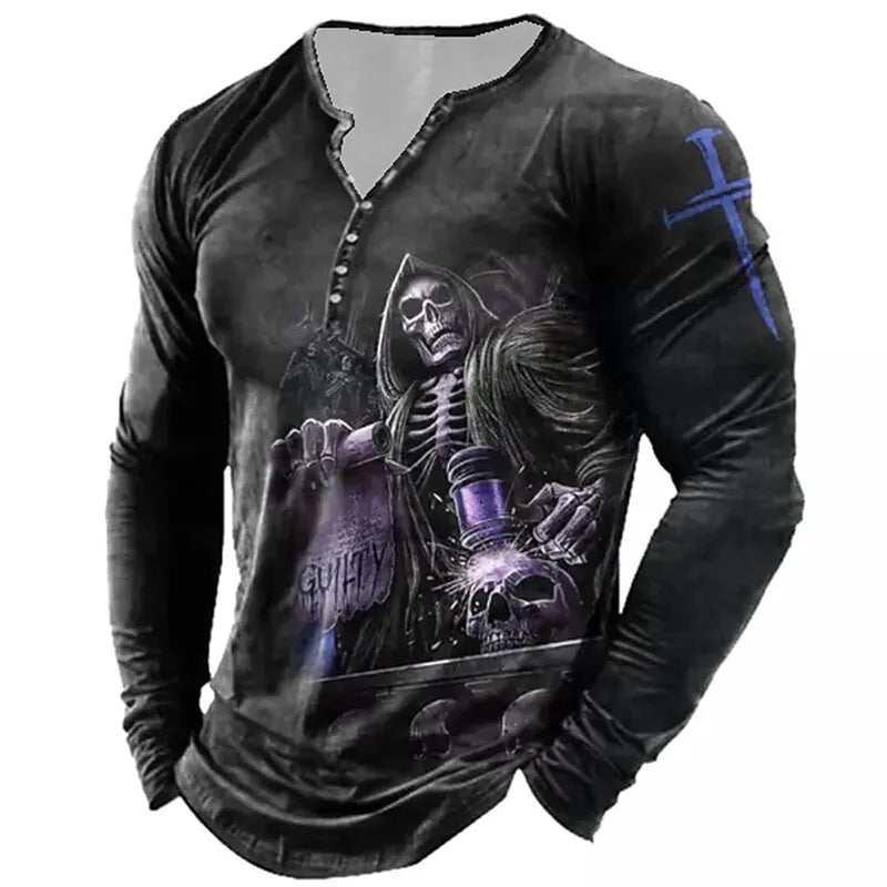 Skull Vintage T-Shirt For Men Graphic T Shirts Cotton Tees 3D Print Long Sleeve V-Neck Tee Oversized Men's Clothing Tops Summer