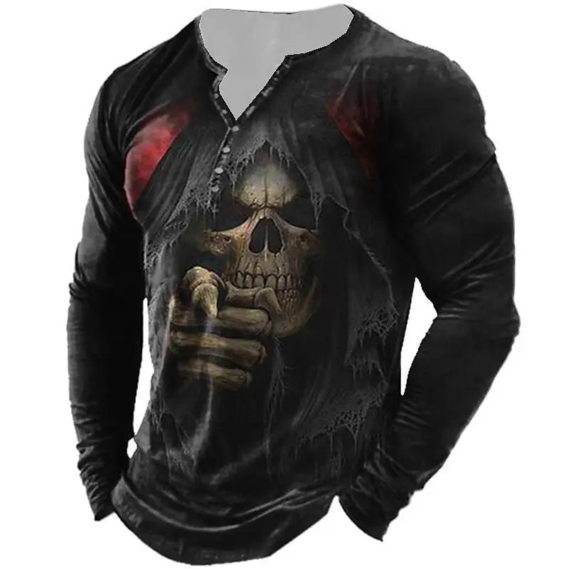 Skull Vintage T-Shirt For Men Graphic T Shirts Cotton Tees 3D Print Long Sleeve V-Neck Tee Oversized Men's Clothing Tops Summer
