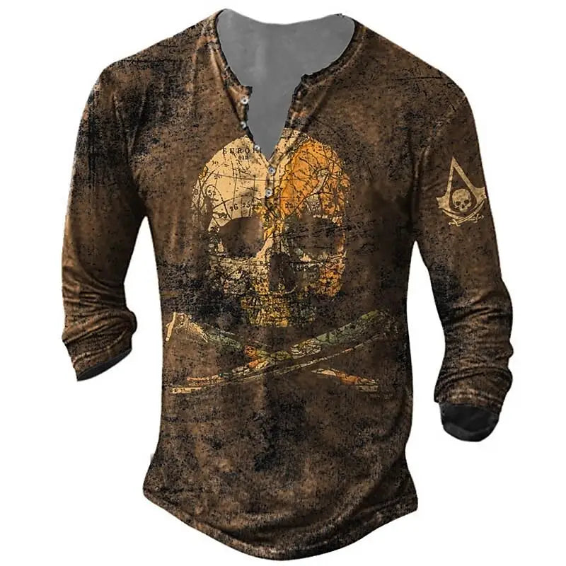 Skull Vintage T-Shirt For Men Graphic T Shirts Cotton Tees 3D Print Long Sleeve V-Neck Tee Oversized Men's Clothing Tops Summer