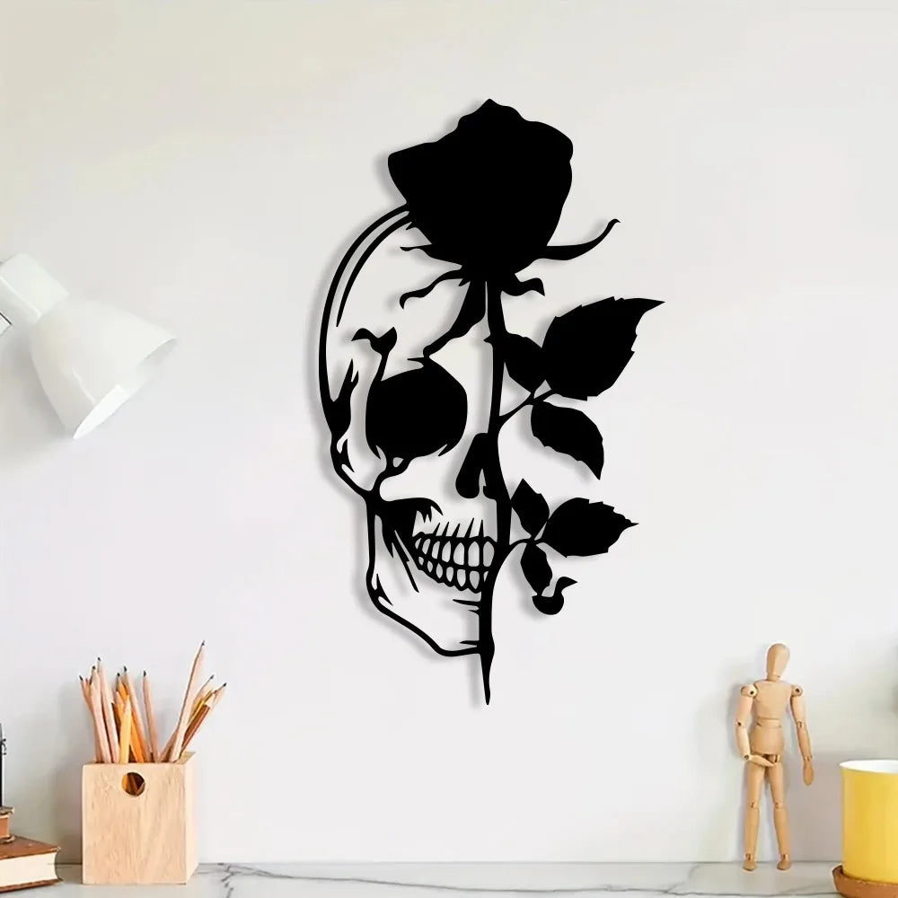 Skull with Rose Metal Wall Art, Flower Skull Signs, Sugar Skull, Skeleton Decor, Halloween Gothic Decor
