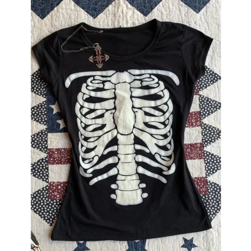Skulls Punk T shirt Women Slim Gothic Street Vintage Black Short Tops Dark Crop Top Femme T Shirts Sexy Y2k Clothing 2000s Tees