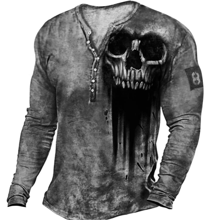 Skull Vintage T-Shirt For Men Graphic T Shirts Cotton Tees 3D Print Long Sleeve V-Neck Tee Oversized Men's Clothing Tops Summer