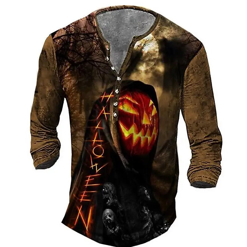Skull Vintage T-Shirt For Men Graphic T Shirts Cotton Tees 3D Print Long Sleeve V-Neck Tee Oversized Men's Clothing Tops Summer