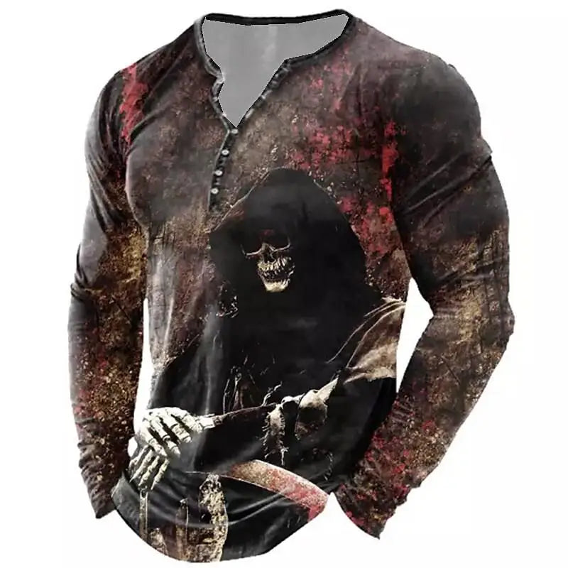 Skull Vintage T-Shirt For Men Graphic T Shirts Cotton Tees 3D Print Long Sleeve V-Neck Tee Oversized Men's Clothing Tops Summer