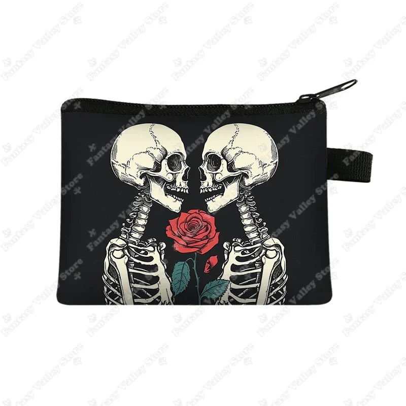Skull Gothic Girl Print Coin Purses Goth Skull Wedding Rose Key Credit Card Holder Money Bag Mini Pouch Wallet Small Clutch Bags