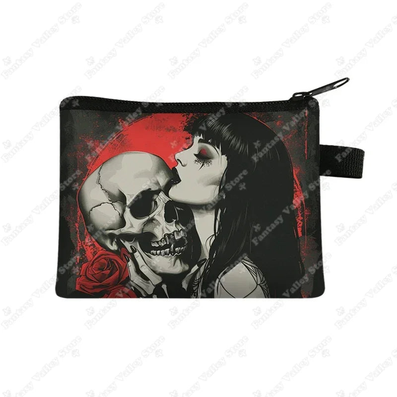 Skull Gothic Girl Print Coin Purses Goth Skull Wedding Rose Key Credit Card Holder Money Bag Mini Pouch Wallet Small Clutch Bags