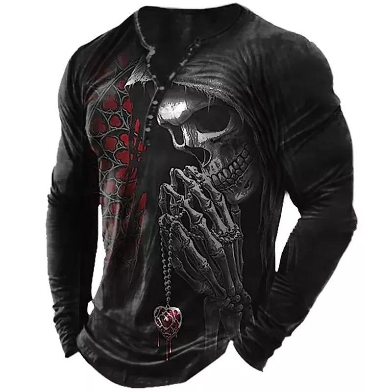 Skull Vintage T-Shirt For Men Graphic T Shirts Cotton Tees 3D Print Long Sleeve V-Neck Tee Oversized Men's Clothing Tops Summer