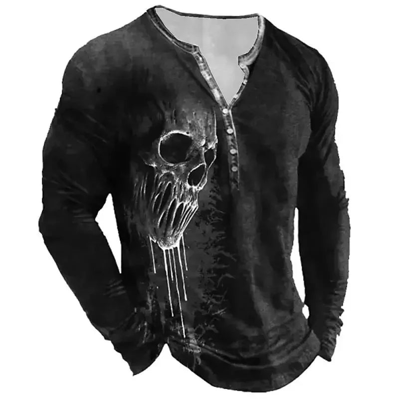 Skull Vintage T-Shirt For Men Graphic T Shirts Cotton Tees 3D Print Long Sleeve V-Neck Tee Oversized Men's Clothing Tops Summer