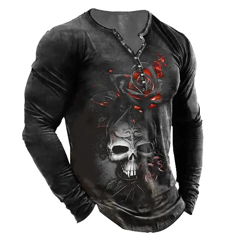 Skull Vintage T-Shirt For Men Graphic T Shirts Cotton Tees 3D Print Long Sleeve V-Neck Tee Oversized Men's Clothing Tops Summer