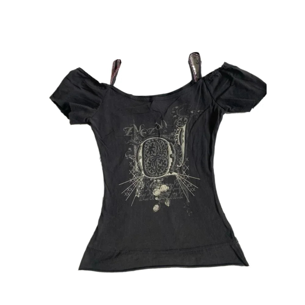 Skulls Punk T Shirt Women Slim Gothic Street Vintage Black Y2k Crop Top Femme Subculture T-Shirts Sexy Y2k Clothing 2000s Tees