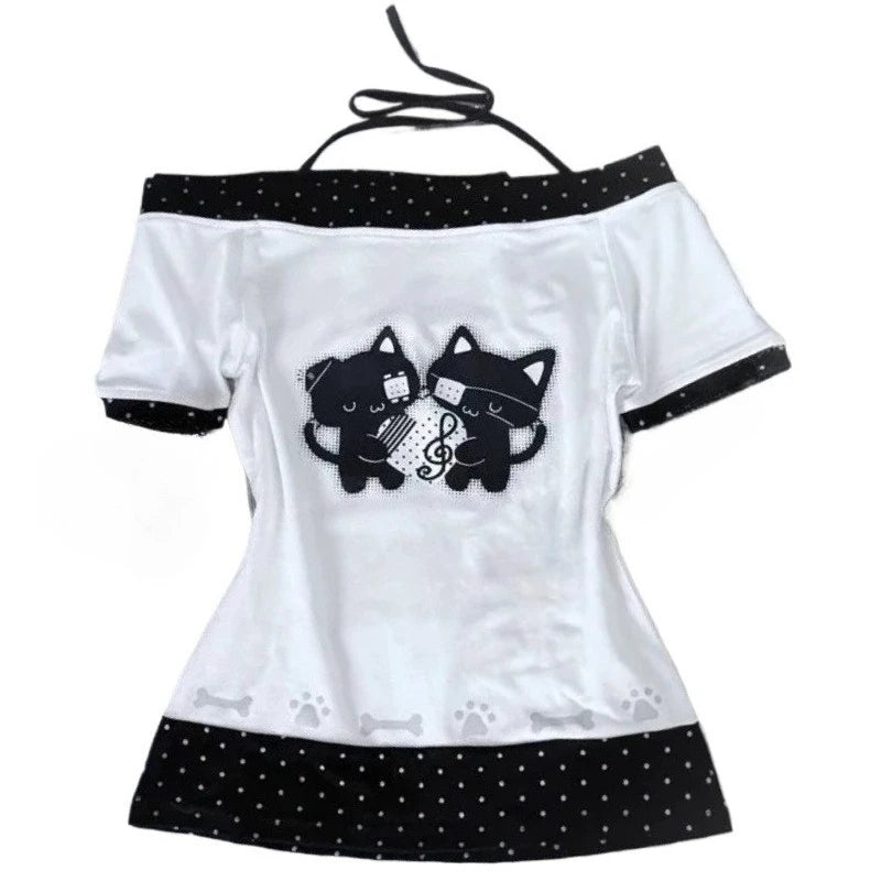 Skulls Punk T Shirt Women Slim Gothic Street Vintage Black Y2k Crop Top Femme Subculture T-Shirts Sexy Y2k Clothing 2000s Tees