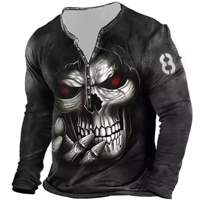 Skull Vintage T-Shirt For Men Graphic T Shirts Cotton Tees 3D Print Long Sleeve V-Neck Tee Oversized Men's Clothing Tops Summer