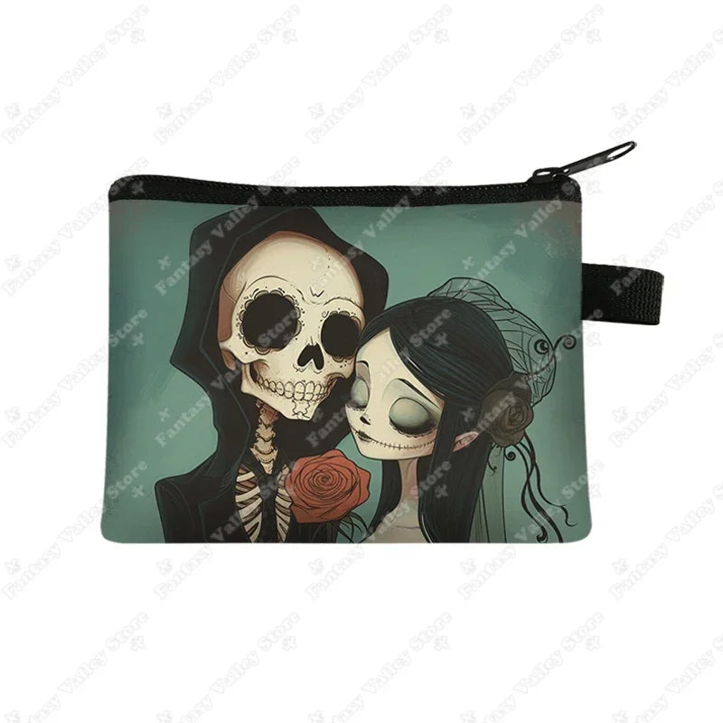 Skull Gothic Girl Print Coin Purses Goth Skull Wedding Rose Key Credit Card Holder Money Bag Mini Pouch Wallet Small Clutch Bags