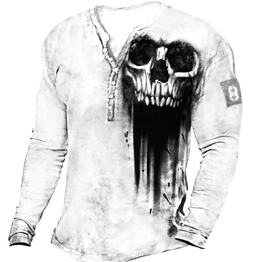 Skull Vintage T-Shirt For Men Graphic T Shirts Cotton Tees 3D Print Long Sleeve V-Neck Tee Oversized Men's Clothing Tops Summer