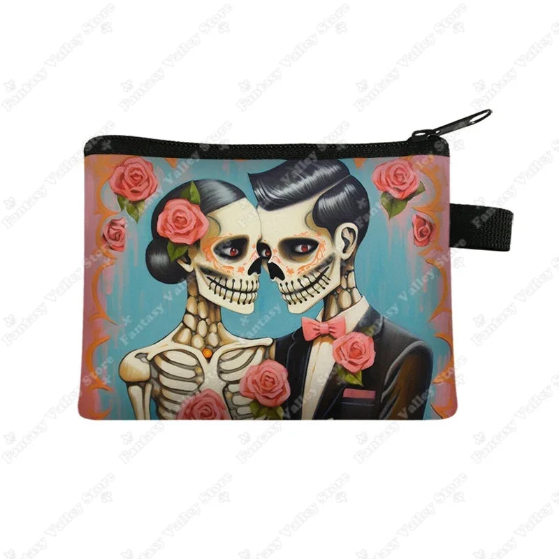 Skull Gothic Girl Print Coin Purses Goth Skull Wedding Rose Key Credit Card Holder Money Bag Mini Pouch Wallet Small Clutch Bags