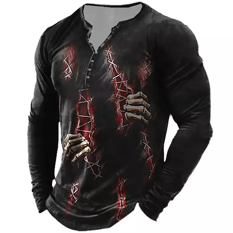 Skull Vintage T-Shirt For Men Graphic T Shirts Cotton Tees 3D Print Long Sleeve V-Neck Tee Oversized Men's Clothing Tops Summer