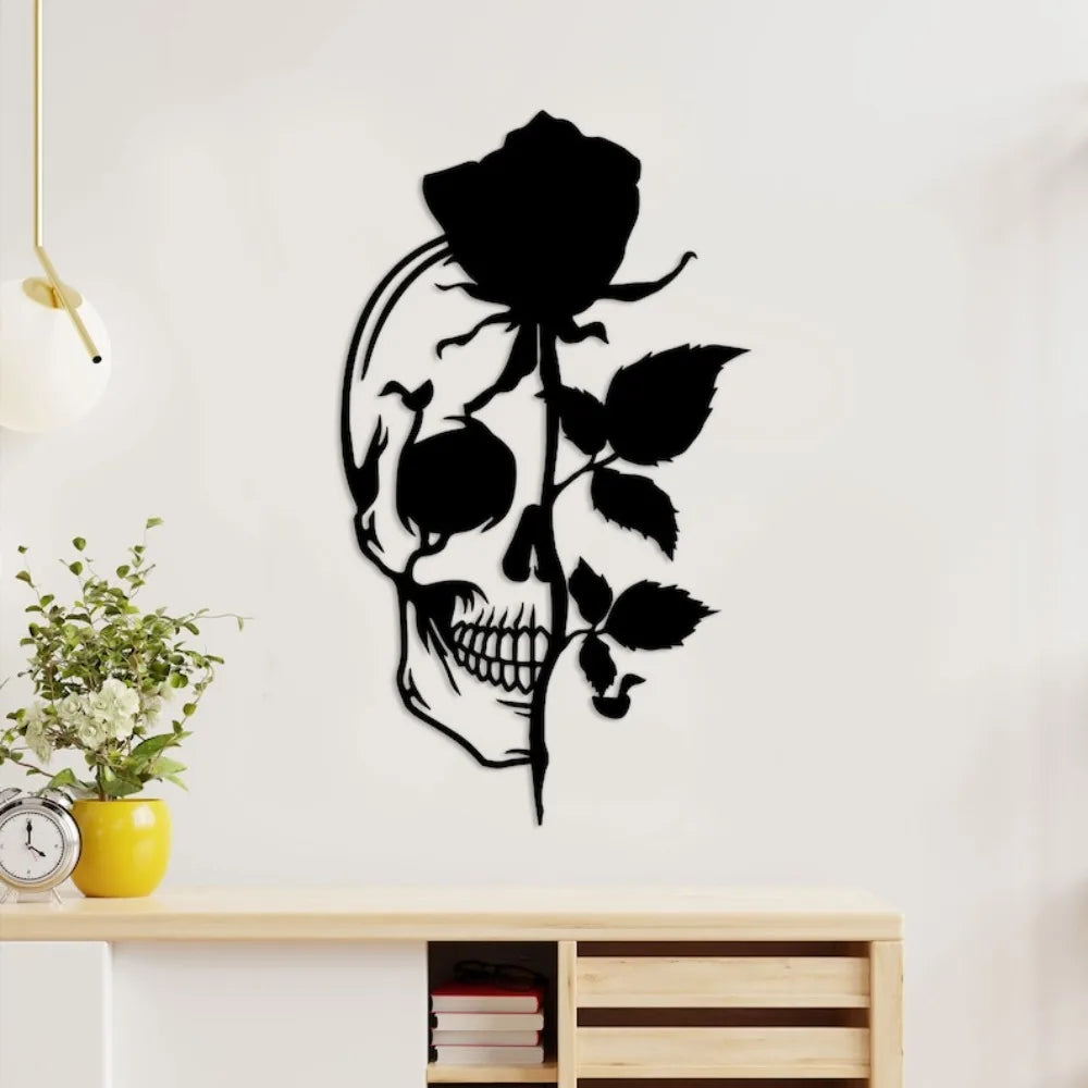 Skull with Rose Metal Wall Art, Flower Skull Signs, Sugar Skull, Skeleton Decor, Halloween Gothic Decor
