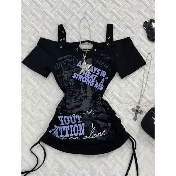 Skulls Punk T Shirt Women Slim Gothic Street Vintage Black Y2k Crop Top Femme Subculture T-Shirts Sexy Y2k Clothing 2000s Tees
