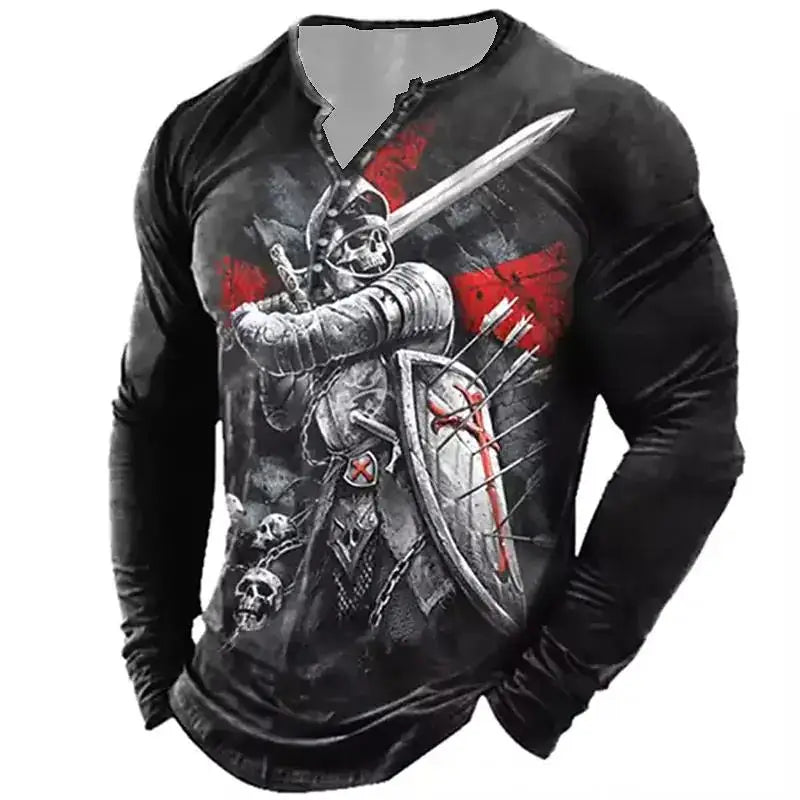 Skull Vintage T-Shirt For Men Graphic T Shirts Cotton Tees 3D Print Long Sleeve V-Neck Tee Oversized Men's Clothing Tops Summer