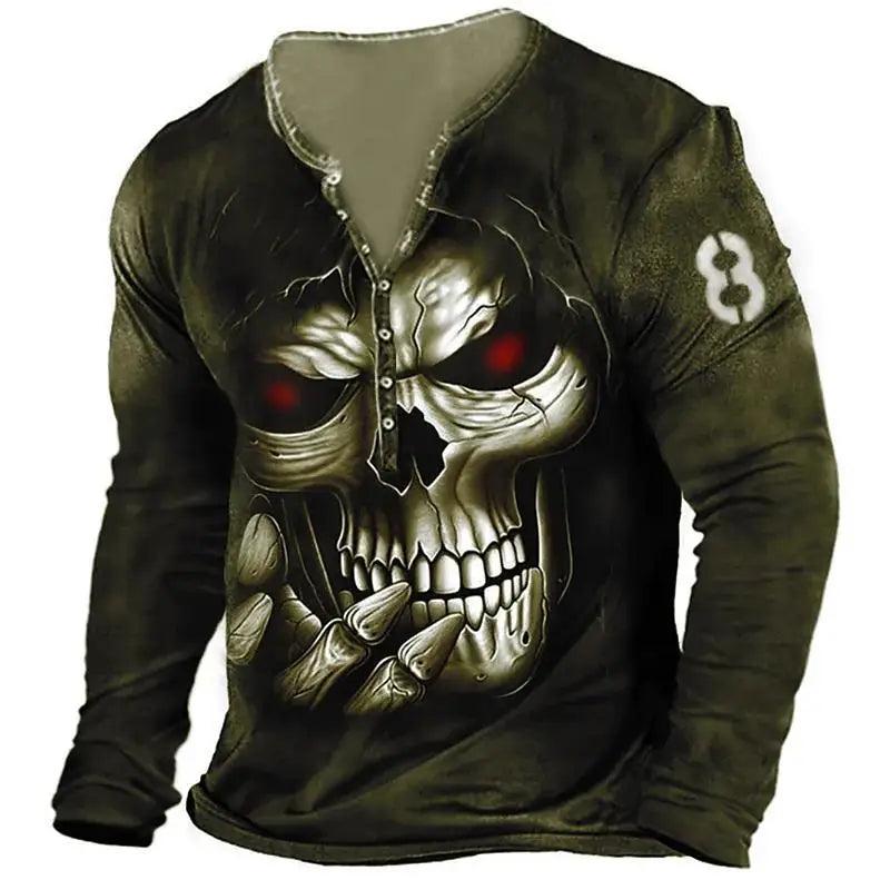 Skull Vintage T-Shirt For Men Graphic T Shirts Cotton Tees 3D Print Long Sleeve V-Neck Tee Oversized Men's Clothing Tops Summer